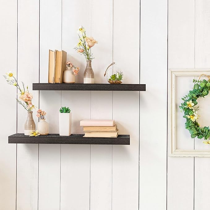 Floating Wall Shelves, 24" Mounted Hanging Shelf Set for Living Room, Office, Kitchen, Bathroom, Perfect Home Decor, Rustic Pattern Designed (Espresso)