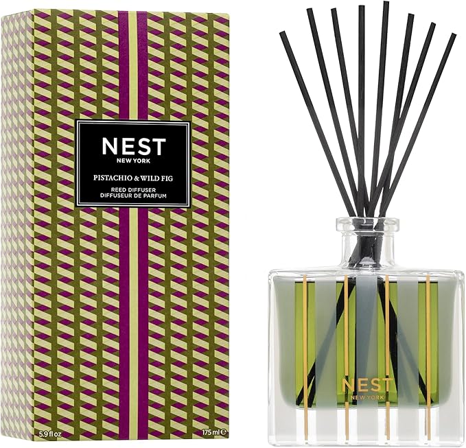 NEST New York Reed Diffuser, Pistachio & Wild Fig - 5.9 fl oz - Fragrance for Up to 90 Days - Reusable, Refillable Glass Holder - Includes 8 All-Natural Reed Sticks - Flame Free