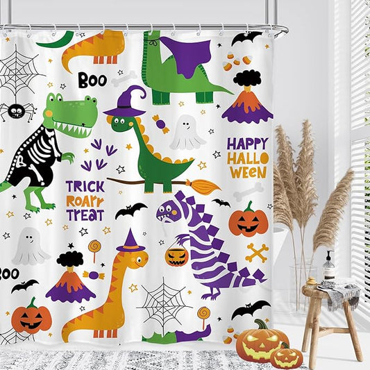 Dinosaur Halloween Boys Shower Curtain 60Wx72L Inch Dino Kids Child Pumpkin Spider Spooky Cartoon Funny Bathroom Set Accessories Decor Polyester Waterproof with 12 Pack Hooks