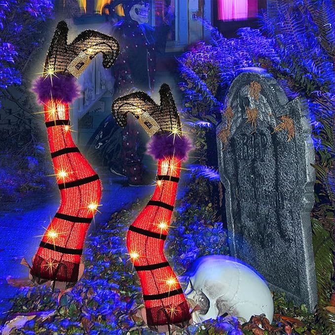 Juegoal Set of 2 Halloween Lighted Wicked Red Witch Legs with Stakes,22" Light Up Tinsel Halloween Yard Signs Prop Timer & 8 Modes, Battery Operated for Outdoor Party Haunted House Garden Decor