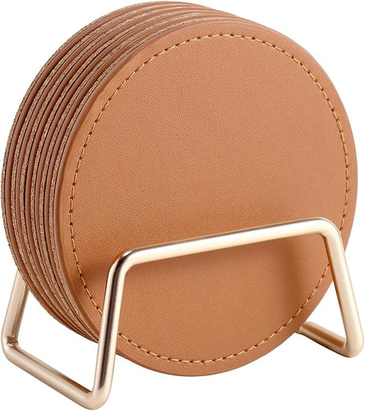 CASEGRACE Drink Coasters with Metal Holder Stand Set of 6, PU Leather Absorbent Coasters with Cork Base Table Coaster Set Decorative Coffee Cup Coasters Housewarming Gift for Home Decor