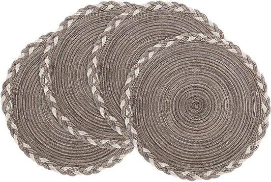 SHACOS Round Placemats Set of 4 Braided Glitter Round Table Placemats 15 inch for Wedding Holiday Party (Multicolor-Light Coffee, 4)