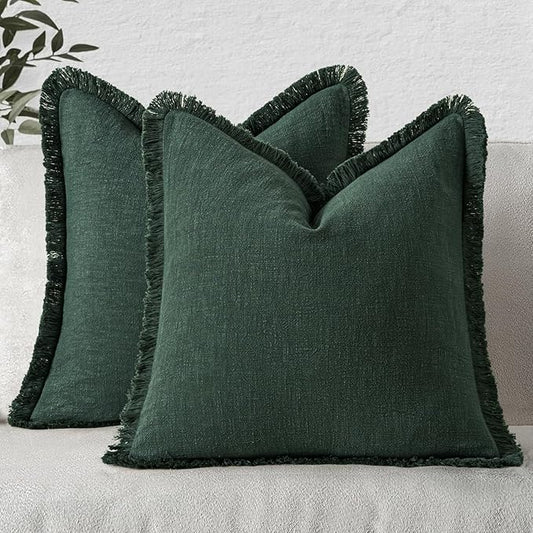 MIULEE Decorative Throw Pillow Covers Neutral Linen Fringe Throw Pillows Euro Shams Set of 2 Army Green Boho Farmhouse Cushion Covers for Couch Sofa Bed Living Room Spring Home Decor 24x24 Inch