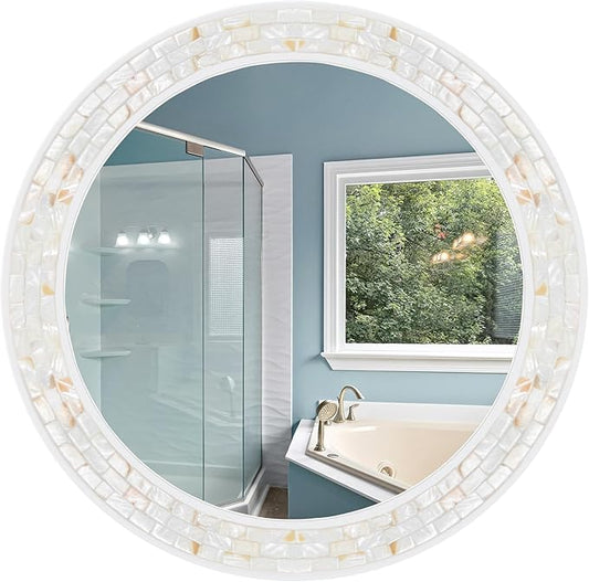 Tanmicoshomy Round Wall Mirror 36 Inch,Circle Mosaic Mirror with Natural Mother of Pearl and Wood Frame, Decorative Coastal Round Wall Mirror for Bathroom Bedroom Living Room Entryway