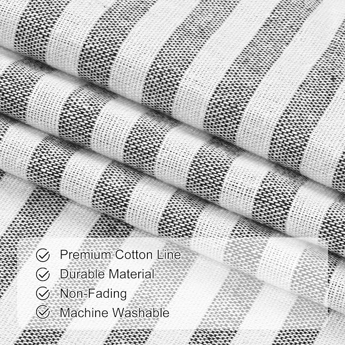 ASPMIZ Cotton Linen Window Treatment Tiers 24 Inch, Boho Rustic Kitchen Curtains Farmhouse, Black with Grey Stripe Half Window Curtain, Country Short Rod Pocket Curtains for Small Window, 2 Panels