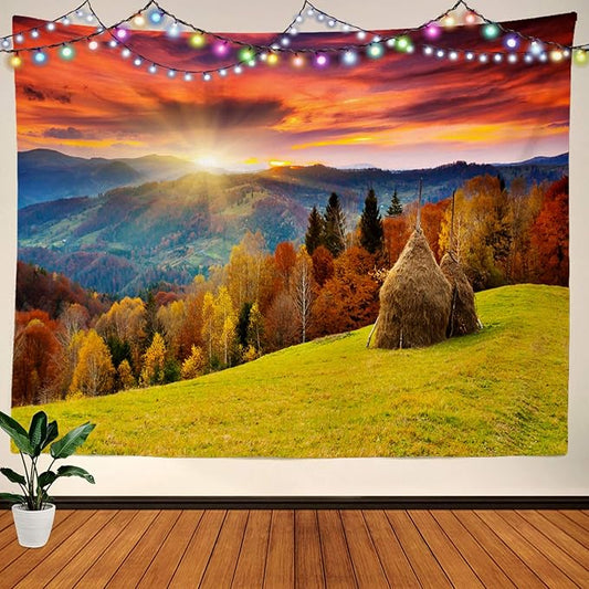 BaoNews Mountain Autumn Landscape Tapestry, Autumn Season Countryside Landscape Meadow Trees Large Wall Hanging Tablecloths Tapestry Bedroom Living Room Dorm 51.2 x 59.1 inches(Orange Wood Yellow)