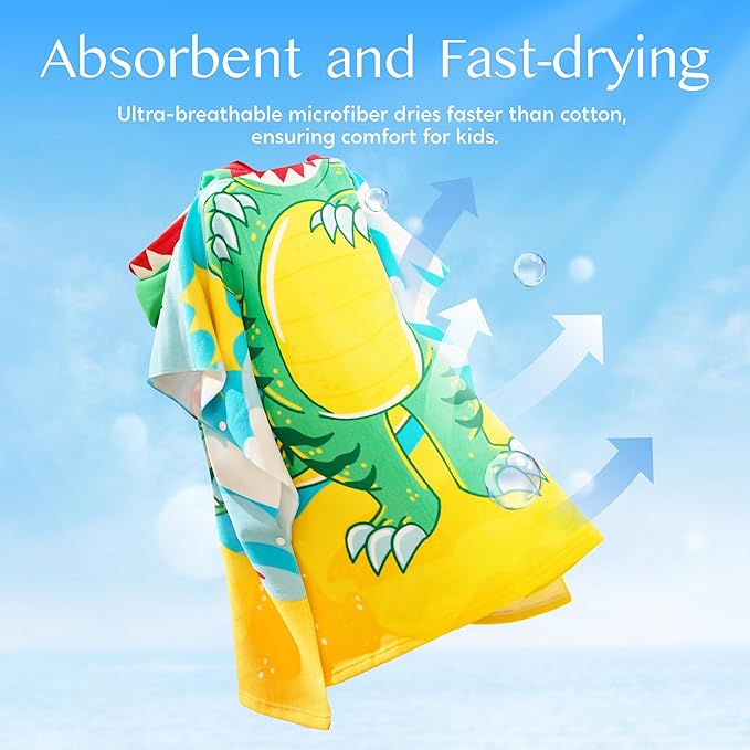 Joiedomi Kids Beach Towel - Dinosaur Bath Towel with Hood - for Boys Girls 3-10 Years 30" x 30" - Toddler Soft Absorbent Swim Pool Towel- Quick Dry Microfiber Surf Poncho