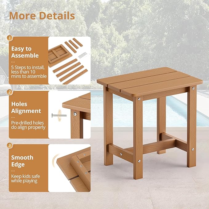 LUE BONA Outdoor Side Table, HDPS Small Adirondack End Table for Patio, Porch, Deck, Weather Resistant, Easy Maintenance, Indoor or Outdoor Use, Teak Color