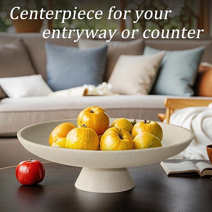 Modern Resin Pedestal Decorative Bowl, Large Fruit Bowl for Kitchen Counter, Stylish Key Bowl for Entryway Table, Beige