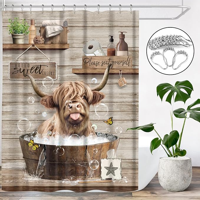 Farmhouse Highland Cow Shower Curtain Funny Western Farm Animal Bull Shower Curtains for Bathroom Decor Waterproof Polyester Fabric Country Cattle Bathroom Curtain with Hooks 72x72 Inch
