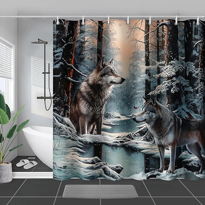 AILONEN Snow Wolf Shower Curtain 48" W*72" H for Boys,Winter Wild Animal Wolf Bathroom Decor,Safari Animal Wolf Printed Bath Curtain Waterproof Bath Curtain with Grommets and 12 Hooks