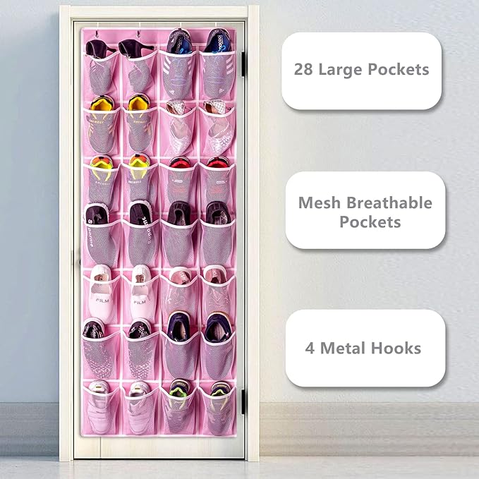 KEEPJOY 28 Pocket Over The Door Shoe Organizer, 2Pack Hanging Shoe Organizer for Door, Hanging Door Shoe Holder Rack with Mesh Pockets Large Size 65 x 23 inch (Pink-2Pack)