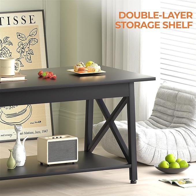 GreenForest Coffee Table with Storage, 43 inch Large Modern Coffee Tables for Living Room, X-Frame Design Farmhouse Coffee Table Space Saving Living Room Tables, Easy Assembly, Black