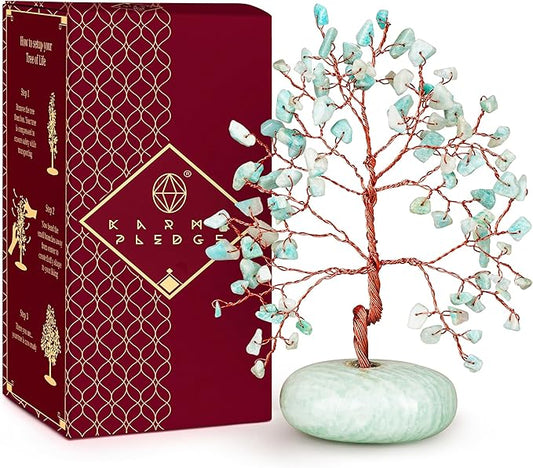 Crystal Tree of Life Home and Office Feng Shui Decor, Amazonite Healing Crystal Handmade Bonsai Tree for Positive Energy, Good Luck, Money, Christmas Decor, Birthday Gifts for Women, Mom