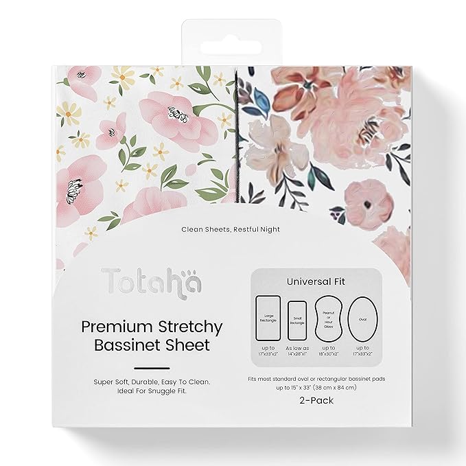 TotAha Premium Stretchy Bassinet Sheets for Baby Girl, Silky Comfort Cradle Sheets Fitted 18 x 36 for Oval, Rectangular, Hourglass Mattress, Hypoallergenic, Buttery Soft 2-Pack (Floral & Pale Pink)