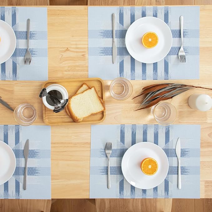 Winknowl Placemats Set of 4, Heat Resistant Stain Resistant Woven Vinyl Insulation Place mats, Durable Washable Elegant Table Mats for Kitchen Dining Table Decor (Geometric Blue)