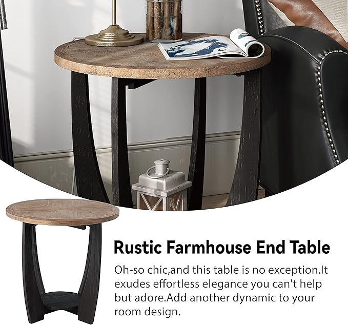 Rustic Farmhouse End Table -2P, French Country Accent Side Table for Family, Dinning or Living Room, Small Spaces, Modern, Round, Black End Table