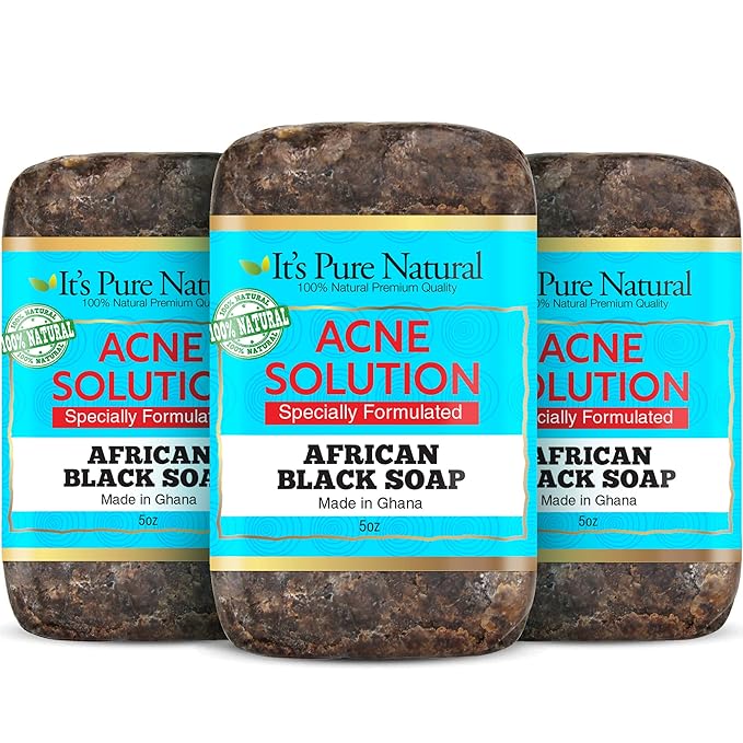 It's Pure Natural African Black Soap Bars with Acne Solution (Pack of 3) Organic Raw Soap for Face & Body, Acne Treatment & Dark Spot Remover [Made in Ghana]