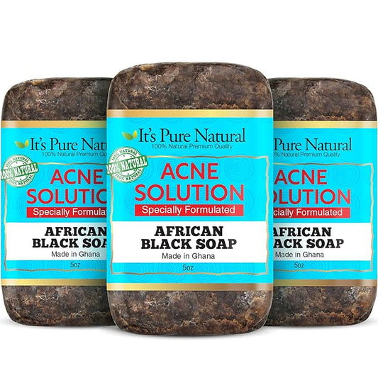 It's Pure Natural African Black Soap Bars with Acne Solution (Pack of 3) Organic Raw Soap for Face & Body, Acne Treatment & Dark Spot Remover [Made in Ghana]