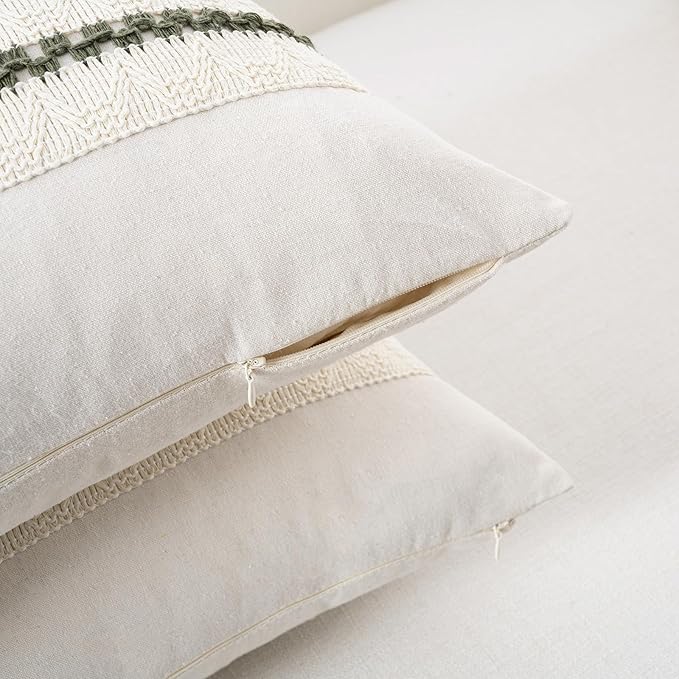 Fancy Homi Set of 2 Boho Olive Green Decorative Throw Pillow Cover 22x22 Inch for Couch Bed Sofa, Aesthetic Modern Organic Farmhouse Home Decor, Soft Cotton Cute Accent Macrame Woven Cushion Case