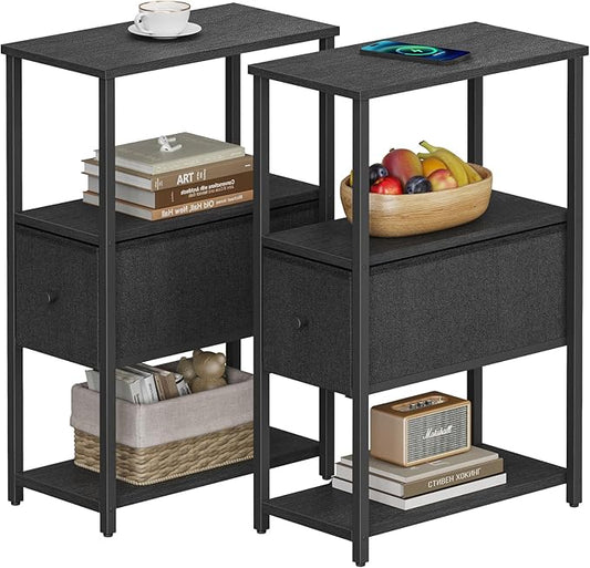 TUTOTAK Set of 2 Small Narrow End Table, Side Table, Nightstand with Cloth Drawer, Couch Table, for Living Room, Bedroom, Bedside, Black TB01BK057