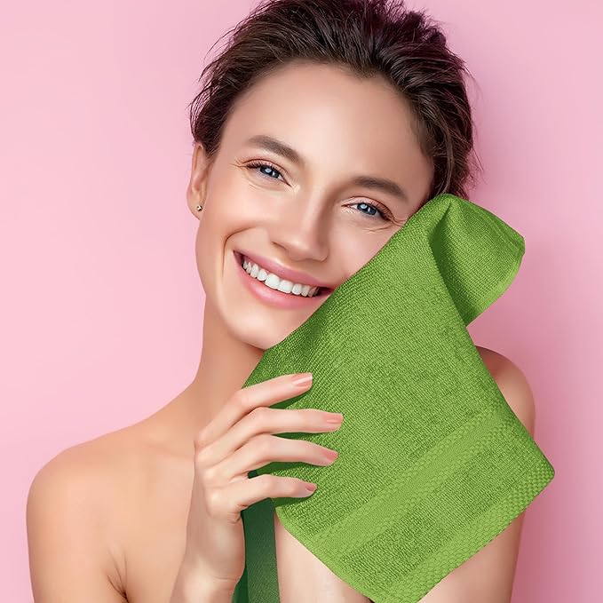 GLAMBURG Ultra Soft 12-Piece Washcloths Set 13x13-100% Ringspun Cotton - Durable & Highly Absorbent Face Towels - Ideal for use in Bathroom, Kitchen, Gym, Spa & General Cleaning - Kiwi Green