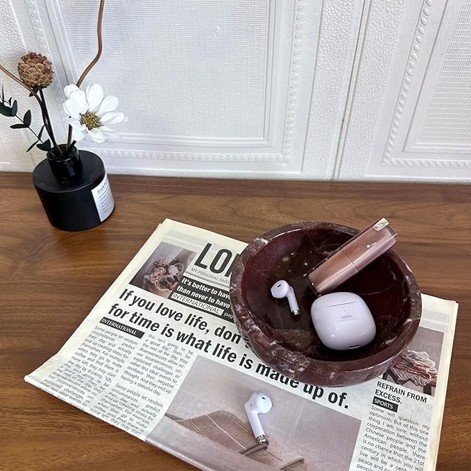 Small PurpleRed Decorative Marble Bowl, 5.9 inches,Natural Stone Round Bowl for Home Decor, Fruit, Nuts, Jewelry Tray,Coffee Tables Centerpiece, Soap Serving (PurpleRed-Small)