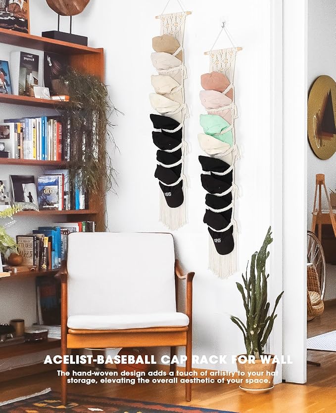 AceList 2-Pack Organizer for Baseball Caps, Macrame Hat Hangers for Wall and Door, Boho Hat Rack with Macrame Wall Decor - Effortless Storage and Display of Hats (Up to 32 Caps)