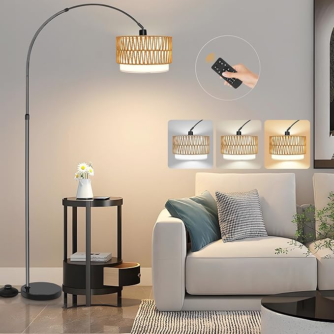 Rattan Floor Lamp for Living Room Arc Boho Floor Lamp with Rattan & Linen Double Shades Adjustable Tall Wicker Lamps with 3 Color Temperatures for Bedroom Office Reading,Black