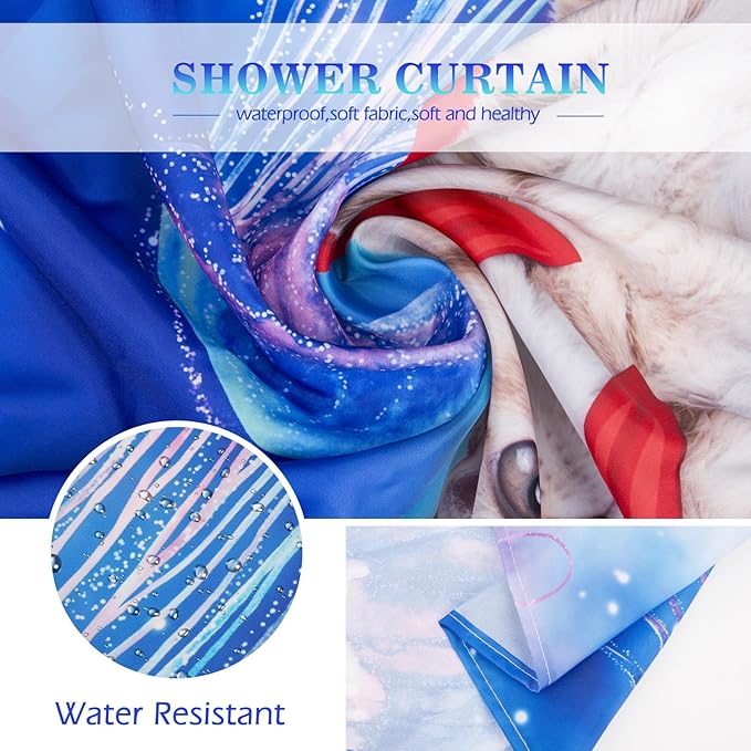 Aimego Long Funny Shower Curtain - Cute Cat Riding Whale on Space Galaxy Fantasy Jellyfish Fabric Cloth Shower Curtain Set with 12 Hooks for Kids Bathroom Decor Accessories Bathtub Curtain, 72"x78"