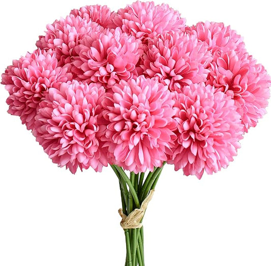 Mandy's Hot Pink Artificial Ball Chrysanthemum 12 Stems Faux Flowers with Bendable Stems for DIY Wedding Centerpiece Fall Decor Home Arrangements