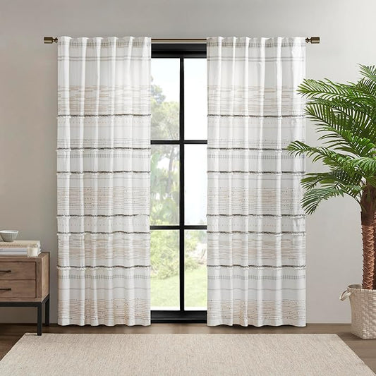 INK+IVY NEA 100% Cotton Single Panel Curtain Stripes Tassels Trim Boho Design Rod Pocket Top Drape for Living Room, Privacy Window Treatment for Bedroom, 50" x 84", Off White/Gray