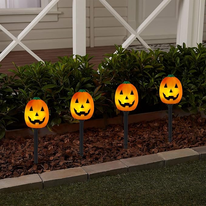 Halloween Pumpkin Pathway Lights Outdoor, Set of 4 Pre-lit Jack-O-Lanterns Pathway Markers Stake Battery Operated Waterproof for Path, Yard, Lawn, Garden, Landscape Halloween Party
