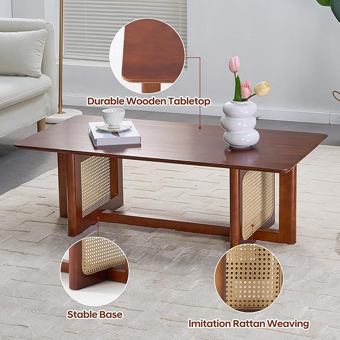 Rattan Coffee Table, 42.5 Inch Rectangular Solid Wood Table with PE Rattan Stand for Living Room