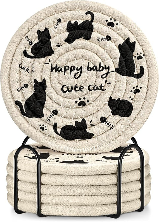 Cup Coasters for Drinks Absorbent - for Coffee Wooden Table Office Cute Farmhouse Outdoor Rustic Desk Kawaii Woven Women Kids Soft Cloth Braided Fabric Cartoon Cat Coaster Set of 6 with Holder