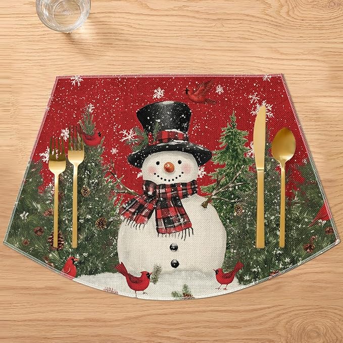Artoid Mode Red Christmas Snowman Wedge Placemats for Round Table Set of 4, Winter Seasonal Kitchen Dining Table Decoration for Indoor Party Home