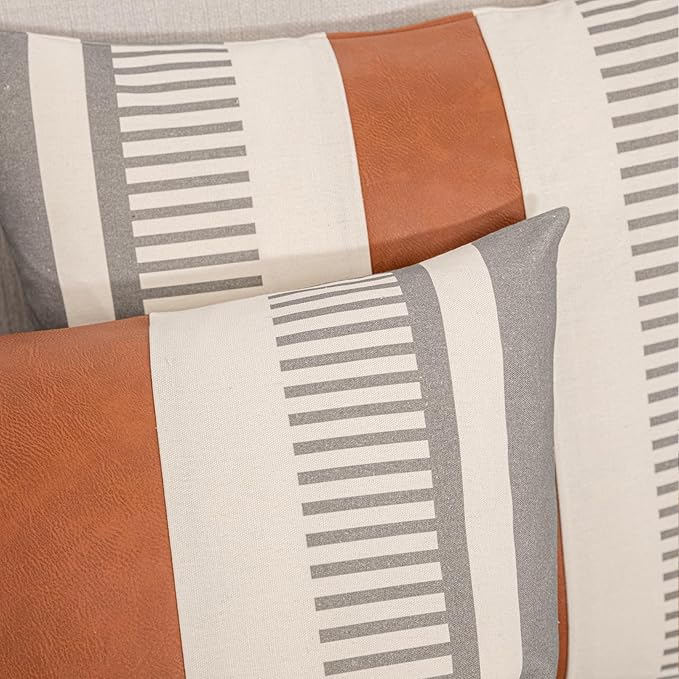 Farmhouse Stripe Pillow Cover 18x18 Boho Accent Cushion Case Faux Leather Decorative Pillowcase,Grey and Beige (Cover ONLY, Pack of 2)