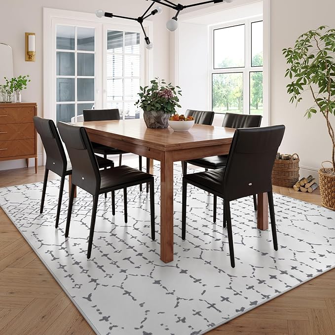 Lahome Moroccan 9x12 Washable Area Rug - Non-Slip Washable Ultra-Thin Soft Large Rug for Living Room, Modern Geometric Print Stain Resistant Carpet for Bedroom Dining Room, White