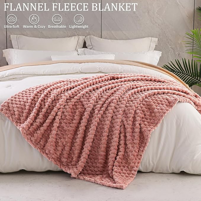 Exclusivo Mezcla Twin Size Soft Fleece Blanket, 90x66 Inches Stylish Jacquard Velvet Blanket for Bed, Fuzzy Cozy Lightweight for All Season, Dusty Pink