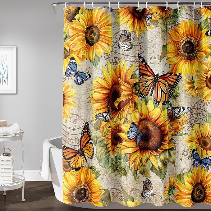 AILONEN Girls Sunflower Shower Curtain,Butterfly Sunflower Bath Curtain for Kids Women,Vintage Yellow Flower Decor Bathroom Curtain with 12 Plastic Hooks, 72" W x 72" H
