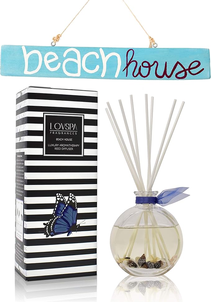 LOVSPA Beach House Reed Diffuser Set with Sticks - Real Seashells in The Bottle! - Ocean Beach Themed Home Fragrance Reed Diffuser for Bathroom Shelf Décor