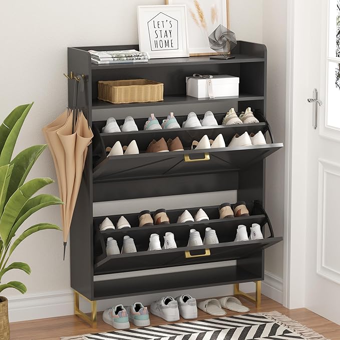 Shoe Cabinet with 2 Flip Drawers, Freestanding Hidden Shoe Storage Organizer for Entryway, Narrow Slim Shoe Rack Cabinet with Open Storage & Hooks for Front Door Entrance, Living Room, Hallway, Black