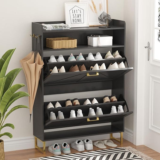 Shoe Cabinet with 2 Flip Drawers, Freestanding Hidden Shoe Storage Organizer for Entryway, Narrow Slim Shoe Rack Cabinet with Open Storage & Hooks for Front Door Entrance, Living Room, Hallway, Black