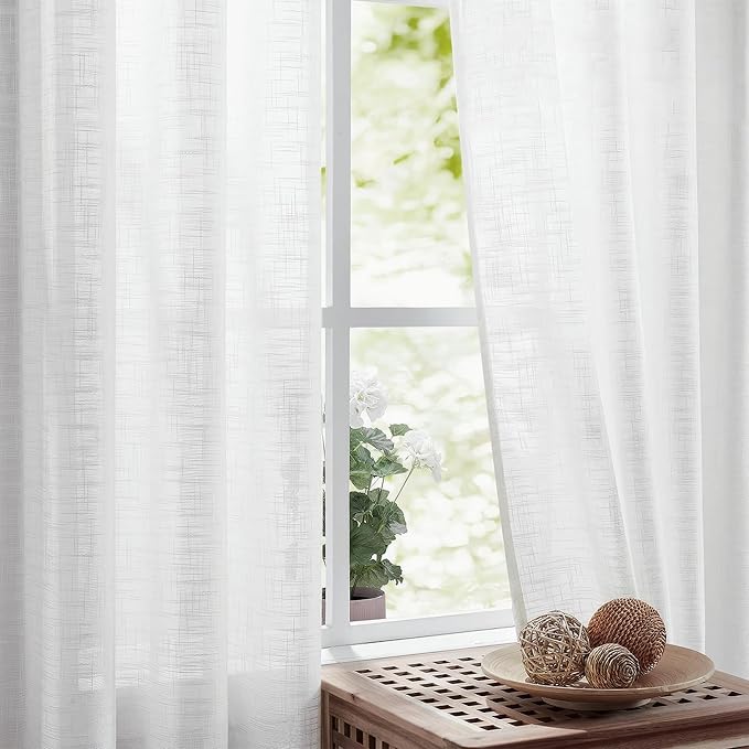 FMFUNCTEX Sliding Door Curtains White Linen Textured Sheer Curtains 84" Living Room 100" Width Extra Wide Patio Glass Door Panel Room Divider Drapes Large Semi Sheer Window Panels Rod Pocket 1 Panel