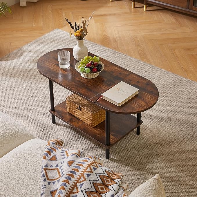 Rustic Coffee Table Splicing Design, TV Centre Table Stand 35 * 16 * 17", 2-Tier Oval Wood Tea Table for Living Room Apartment Rustic Brown YD-011H