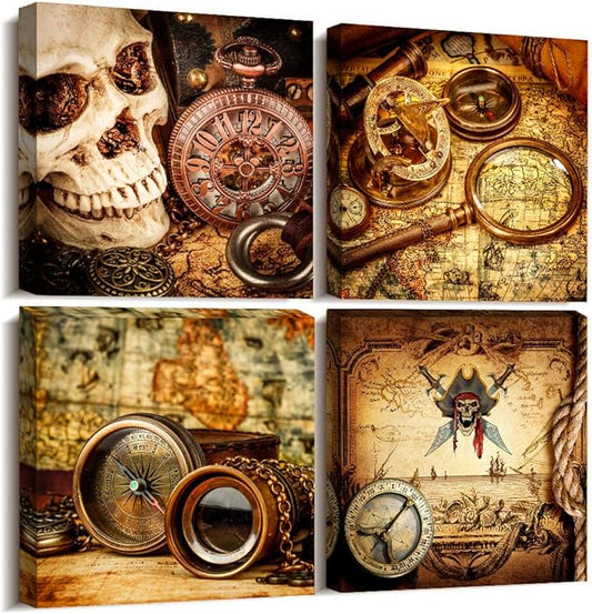 The pirates 4pcs Modern Salon Theme and Adventure map Abstract Painting Still Life Canvas Wall Art for Home Decor Compass and magnifying glass Canvas Print Wall Art Painting For Living Room Decor