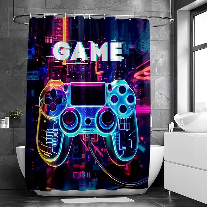 Video Game Shower Curtain Gaming Gamepad Controller Shower Curtains for Bathroom Decor Waterproof Polyester Fabric Gamer Bathroom Curtain with Hooks 55x72 Inch