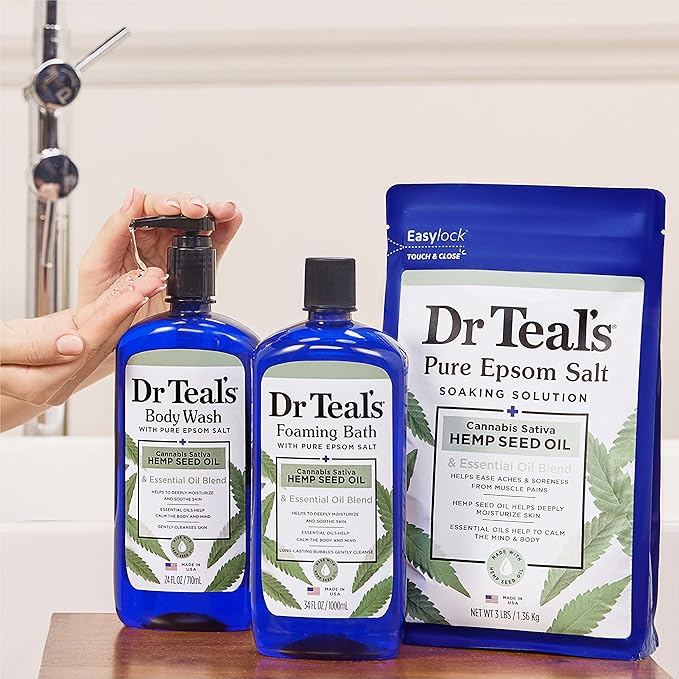 Dr Teal's Foaming Bath with Pure Epsom Salt, Cannabis Sativa Hemp Seed Oil, 34 fl oz (Pack of 4)