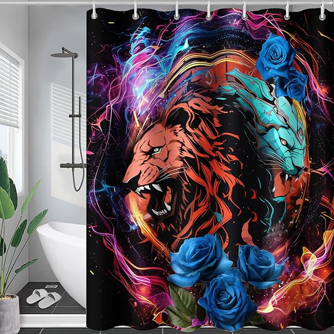AILONEN Howling Lion Leopard Print Shower Curtain,Cartoon Animal Lion Theme Kids Boys Bath Curtain,Modern Fantasy Colorful Waterproof Decor Shower Curtain, 36" W x 72" H