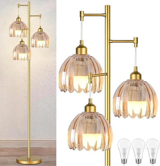 Gold Floor Lamp for Living Room,Bedroom,Tree 3 Light Standing Lamp Mid Century Modern Brass Tall Floor Lamps Vintage Retro Floor Lights Glass Green Flower Lamp Shade Farmhouse Boho Bohemian